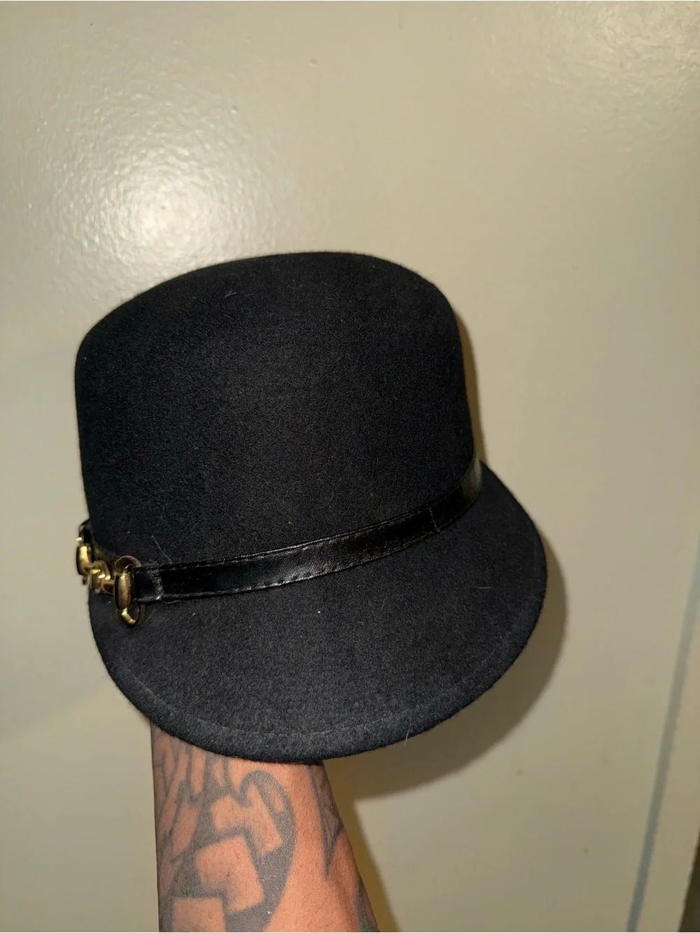 Black Wool Cap with Leather Band - womens Hat